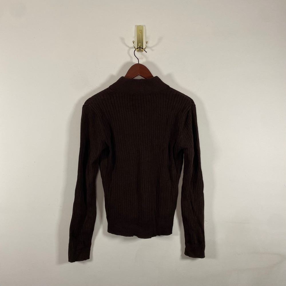Lauren Ralph Lauren Chocolate Brown Ribbed Sweater Shawl Collar Gold Button Med - Picture 5 of 6